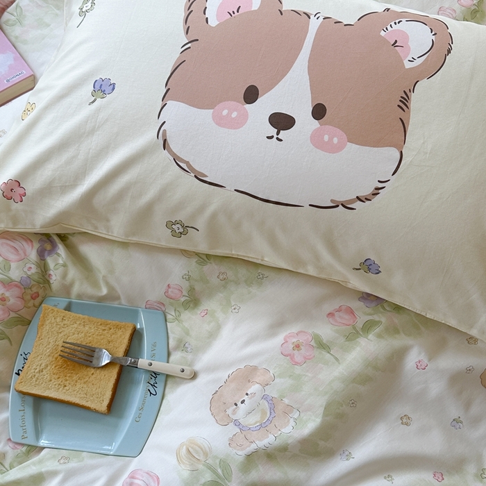 91家纺网 家纺一手货源 找家纺 觅糖家纺 2025新款开学季40支13370全棉纯棉斜纹四件套 春日小狗