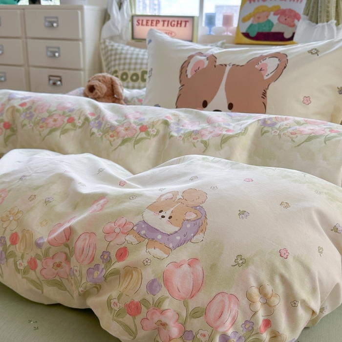 91家纺网 家纺一手货源 找家纺 觅糖家纺 2025新款开学季40支13370全棉纯棉斜纹四件套 春日小狗