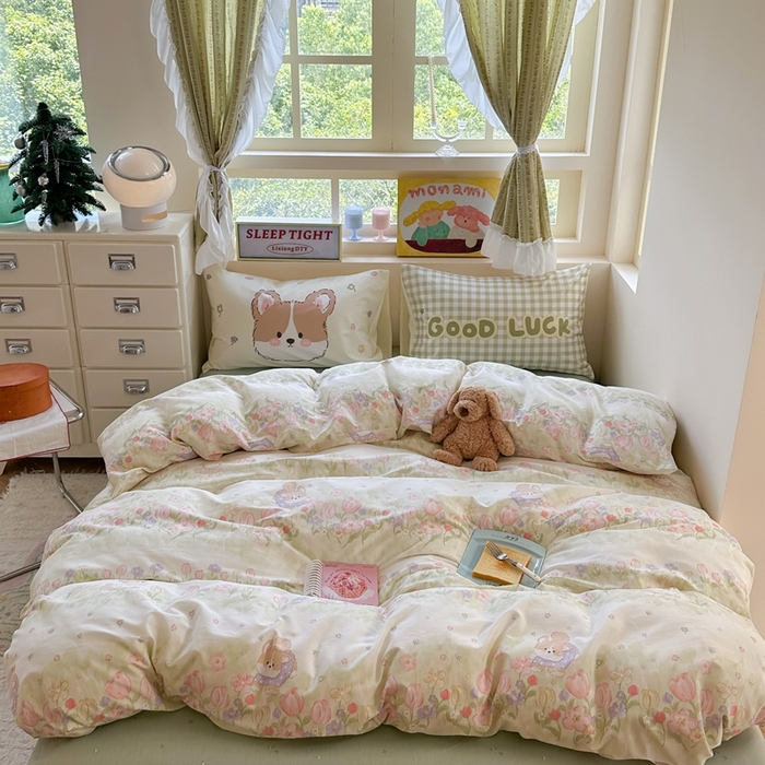 91家纺网 家纺一手货源 找家纺 觅糖家纺 2025新款开学季40支13370全棉纯棉斜纹四件套 春日小狗