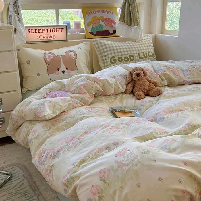 91家纺网 家纺一手货源 找家纺 觅糖家纺 2025新款开学季40支13370全棉纯棉斜纹四件套 春日小狗