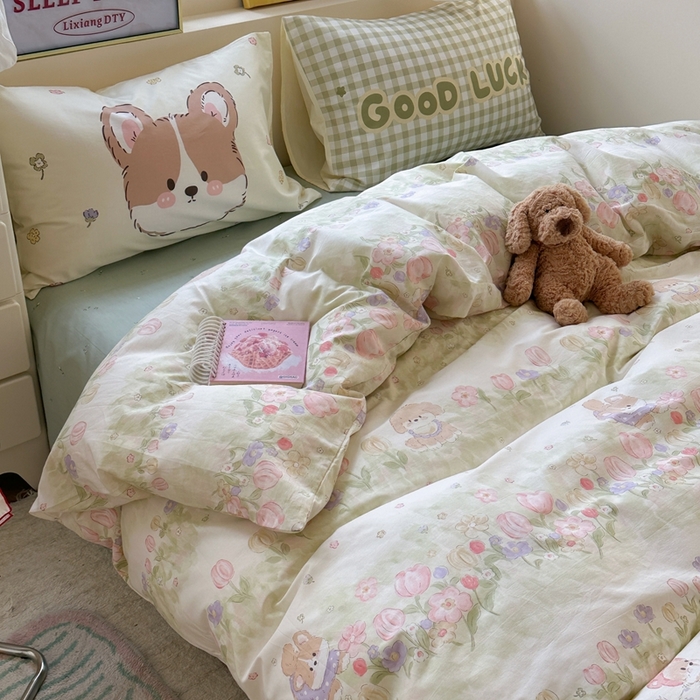 91家纺网 家纺一手货源 找家纺 觅糖家纺 2025新款开学季40支13370全棉纯棉斜纹四件套 春日小狗