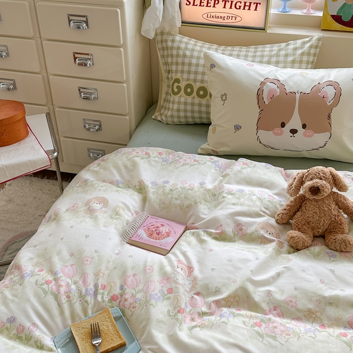 91家纺网 家纺一手货源 找家纺 觅糖家纺 2025新款开学季40支13370全棉纯棉斜纹四件套 春日小狗