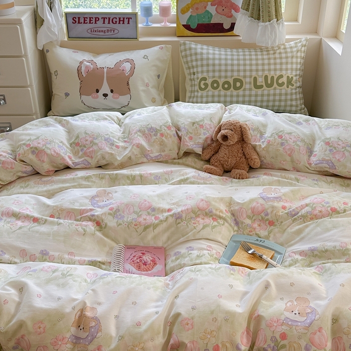 91家纺网 家纺一手货源 找家纺 觅糖家纺 2025新款开学季40支13370全棉纯棉斜纹四件套 春日小狗