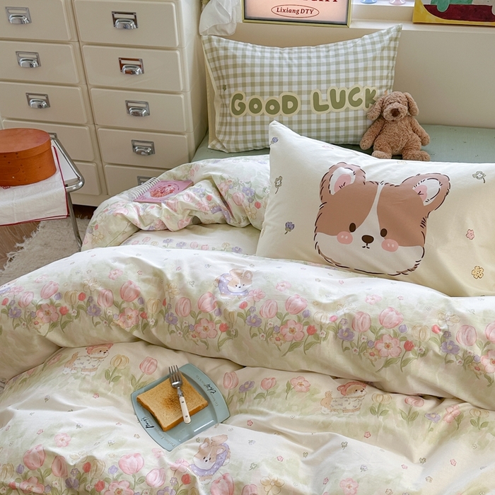 91家纺网 家纺一手货源 找家纺 觅糖家纺 2025新款开学季40支13370全棉纯棉斜纹四件套 春日小狗