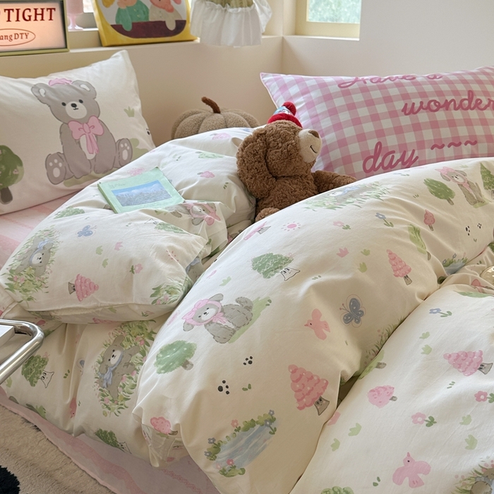 91家纺网 家纺一手货源 找家纺 觅糖家纺 2025新款开学季40支13370全棉纯棉斜纹四件套 春日小熊