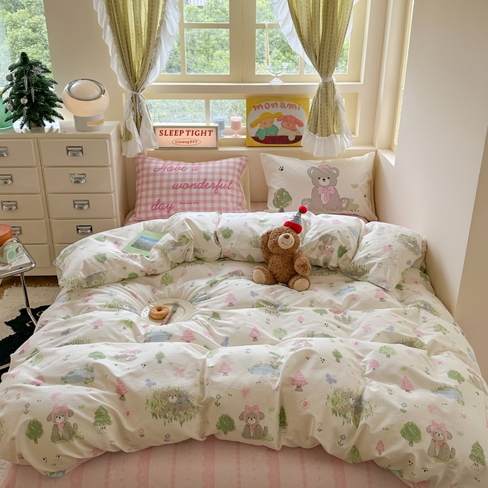 91家纺网 家纺一手货源 找家纺 觅糖家纺 2025新款开学季40支13370全棉纯棉斜纹四件套 春日小熊