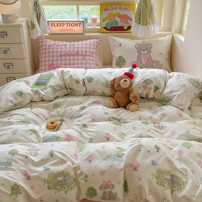 91家纺网 家纺一手货源 找家纺 觅糖家纺 2025新款开学季40支13370全棉纯棉斜纹四件套 春日小熊