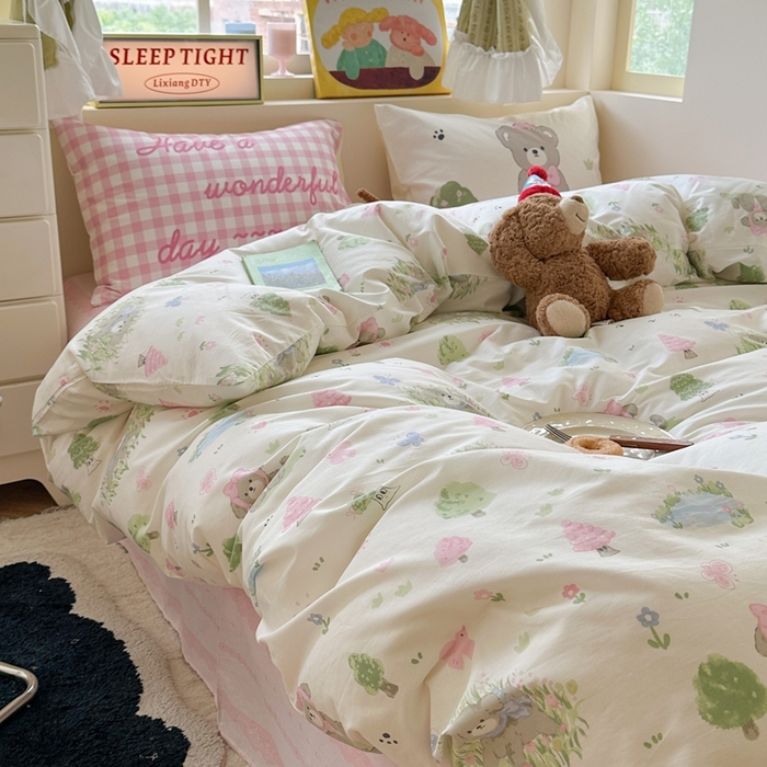 91家纺网 家纺一手货源 找家纺 觅糖家纺 2025新款开学季40支13370全棉纯棉斜纹四件套 春日小熊