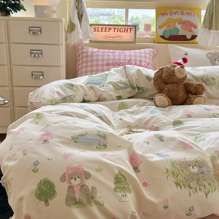 91家纺网 家纺一手货源 找家纺 觅糖家纺 2025新款开学季40支13370全棉纯棉斜纹四件套 春日小熊