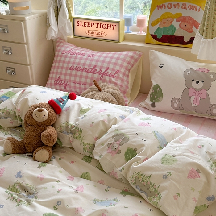 91家纺网 家纺一手货源 找家纺 觅糖家纺 2025新款开学季40支13370全棉纯棉斜纹四件套 春日小熊