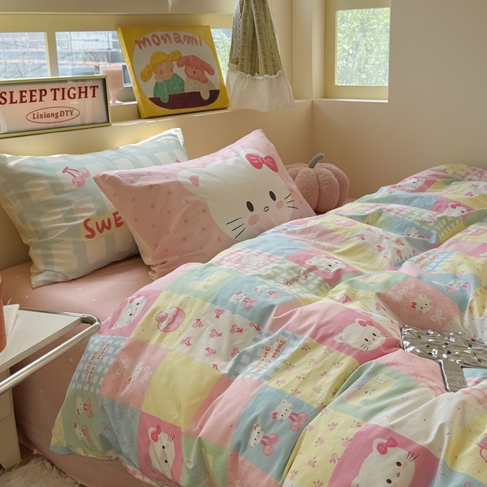 觅糖家纺 2025新款开学季40支13370全棉纯棉斜纹四件套 多巴胺猫