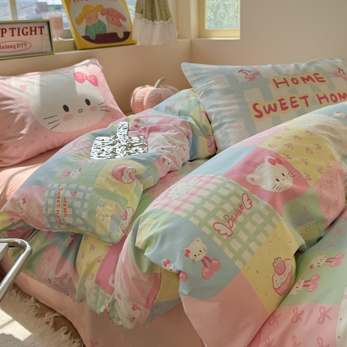 91家纺网 家纺一手货源 找家纺 觅糖家纺 2025新款开学季40支13370全棉纯棉斜纹四件套 多巴胺猫