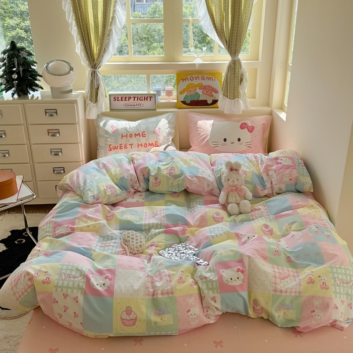 91家纺网 家纺一手货源 找家纺 觅糖家纺 2025新款开学季40支13370全棉纯棉斜纹四件套 多巴胺猫