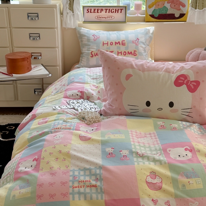 91家纺网 家纺一手货源 找家纺 觅糖家纺 2025新款开学季40支13370全棉纯棉斜纹四件套 多巴胺猫