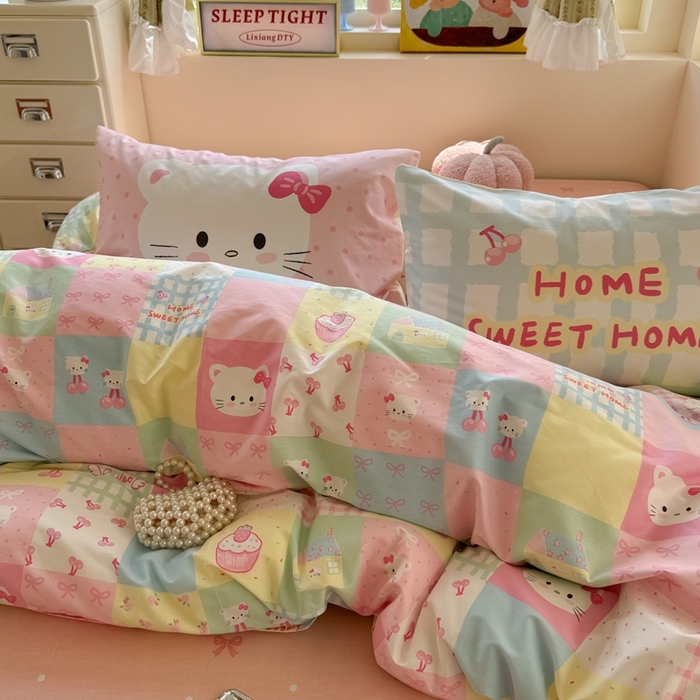 91家纺网 家纺一手货源 找家纺 觅糖家纺 2025新款开学季40支13370全棉纯棉斜纹四件套 多巴胺猫