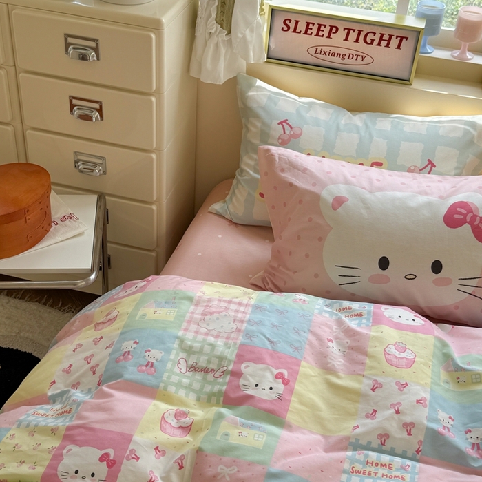 91家纺网 家纺一手货源 找家纺 觅糖家纺 2025新款开学季40支13370全棉纯棉斜纹四件套 多巴胺猫