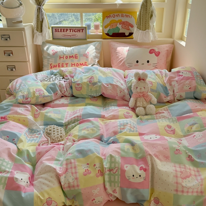 91家纺网 家纺一手货源 找家纺 觅糖家纺 2025新款开学季40支13370全棉纯棉斜纹四件套 多巴胺猫