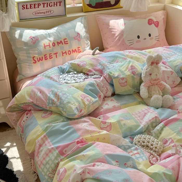 91家纺网 家纺一手货源 找家纺 觅糖家纺 2025新款开学季40支13370全棉纯棉斜纹四件套 多巴胺猫