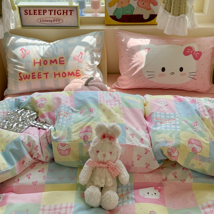 91家纺网 家纺一手货源 找家纺 觅糖家纺 2025新款开学季40支13370全棉纯棉斜纹四件套 多巴胺猫