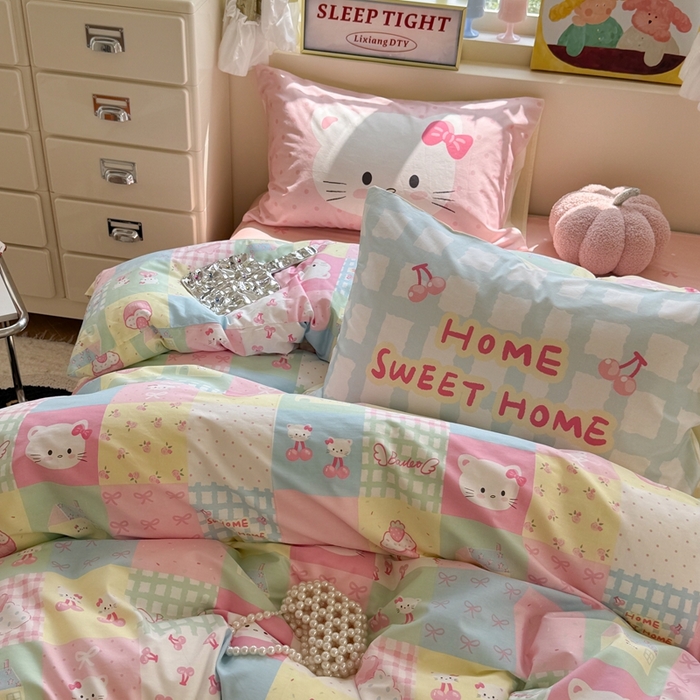 91家纺网 家纺一手货源 找家纺 觅糖家纺 2025新款开学季40支13370全棉纯棉斜纹四件套 多巴胺猫