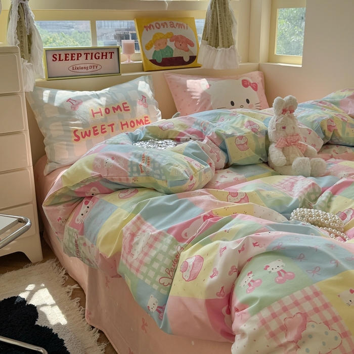 91家纺网 家纺一手货源 找家纺 觅糖家纺 2025新款开学季40支13370全棉纯棉斜纹四件套 多巴胺猫