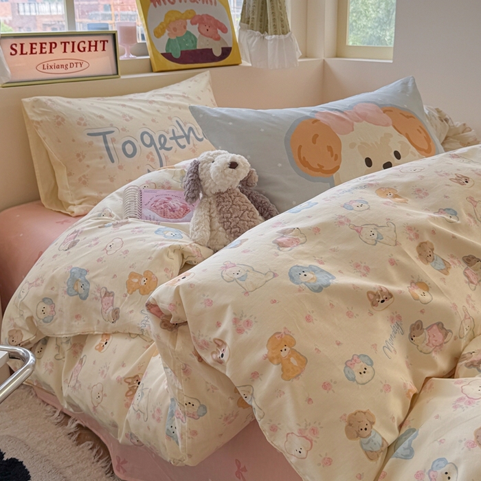 91家纺网 家纺一手货源 找家纺 觅糖家纺 2025新款开学季40支13370全棉纯棉斜纹四件套 奶油泰迪