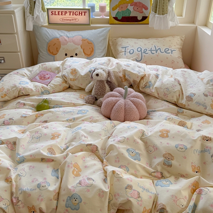 91家纺网 家纺一手货源 找家纺 觅糖家纺 2025新款开学季40支13370全棉纯棉斜纹四件套 奶油泰迪