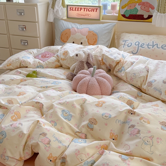 91家纺网 家纺一手货源 找家纺 觅糖家纺 2025新款开学季40支13370全棉纯棉斜纹四件套 奶油泰迪