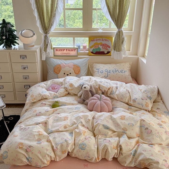 91家纺网 家纺一手货源 找家纺 觅糖家纺 2025新款开学季40支13370全棉纯棉斜纹四件套 奶油泰迪