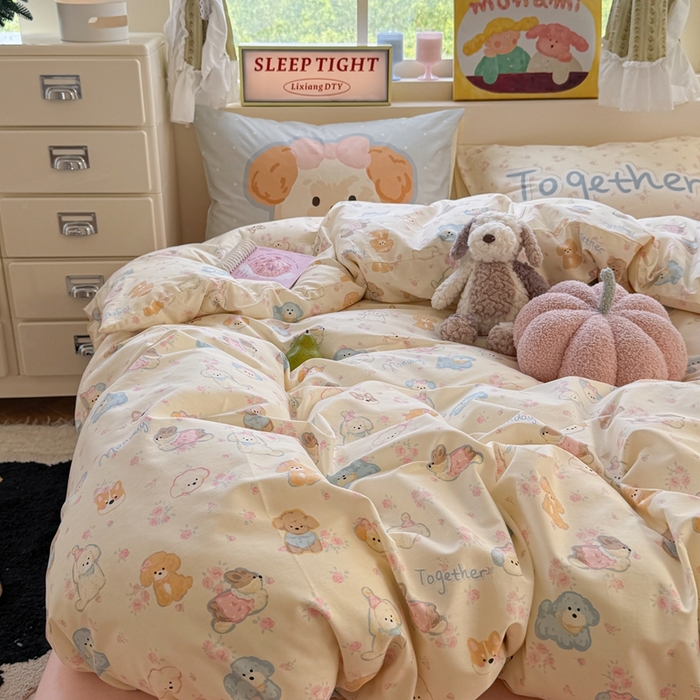 91家纺网 家纺一手货源 找家纺 觅糖家纺 2025新款开学季40支13370全棉纯棉斜纹四件套 奶油泰迪