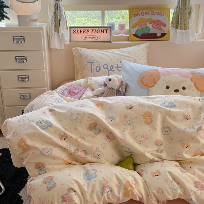 91家纺网 家纺一手货源 找家纺 觅糖家纺 2025新款开学季40支13370全棉纯棉斜纹四件套 奶油泰迪