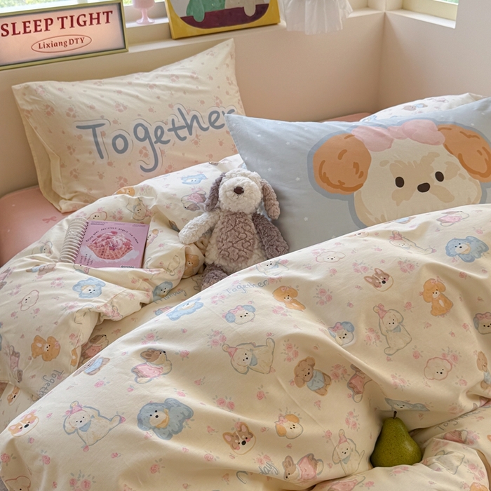 91家纺网 家纺一手货源 找家纺 觅糖家纺 2025新款开学季40支13370全棉纯棉斜纹四件套 奶油泰迪