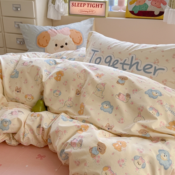 91家纺网 家纺一手货源 找家纺 觅糖家纺 2025新款开学季40支13370全棉纯棉斜纹四件套 奶油泰迪