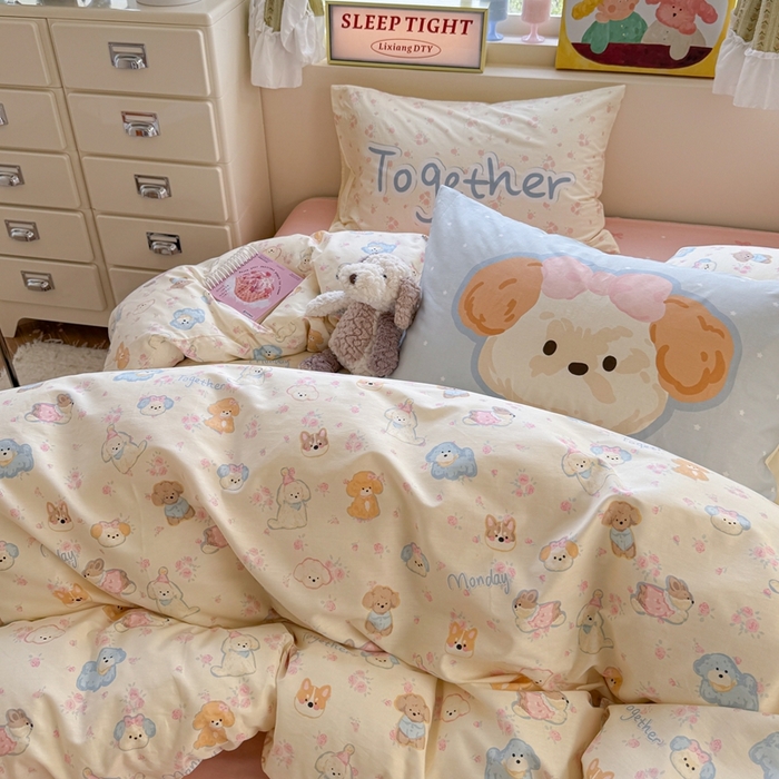 91家纺网 家纺一手货源 找家纺 觅糖家纺 2025新款开学季40支13370全棉纯棉斜纹四件套 奶油泰迪