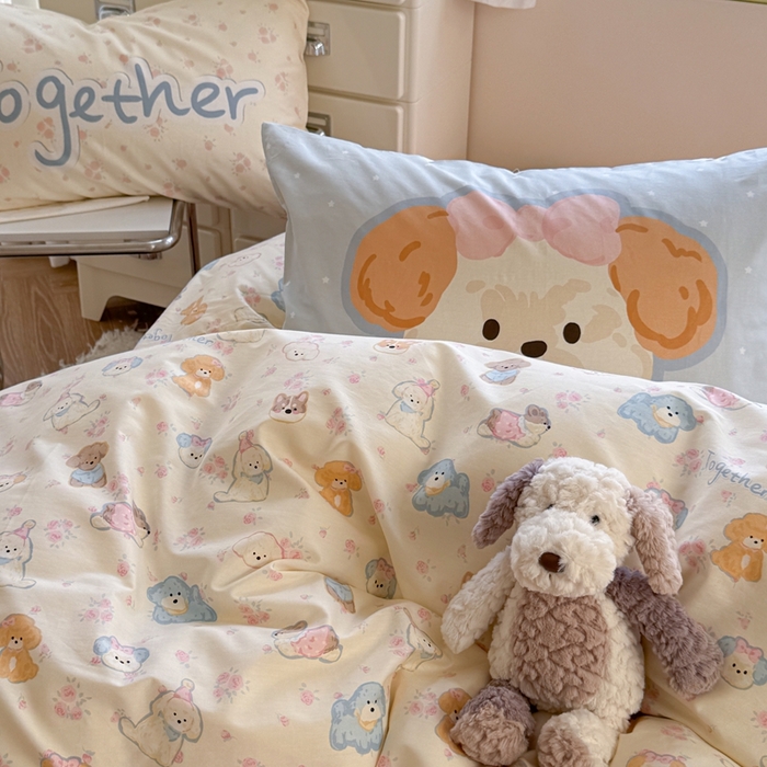 91家纺网 家纺一手货源 找家纺 觅糖家纺 2025新款开学季40支13370全棉纯棉斜纹四件套 奶油泰迪