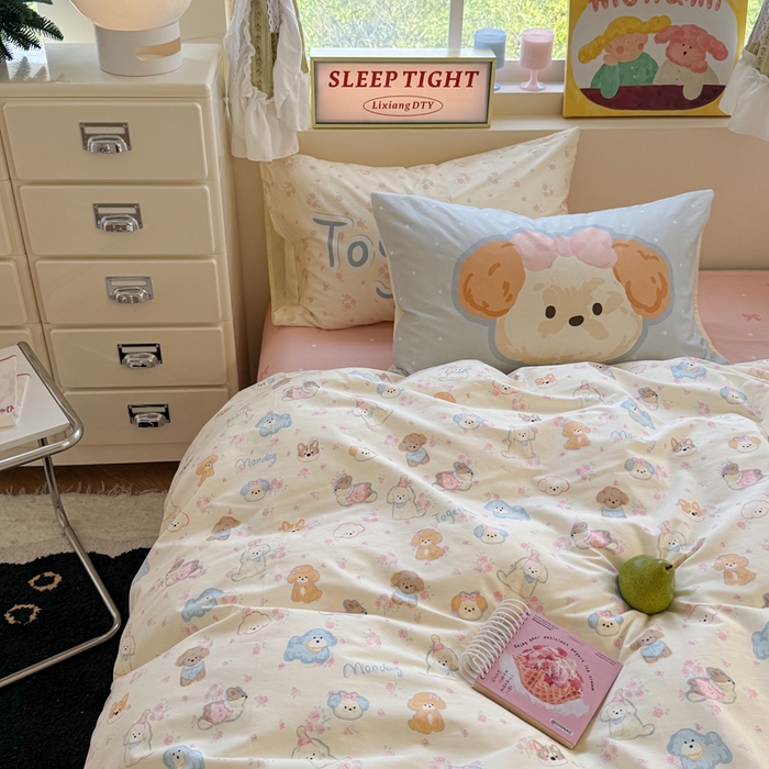 91家纺网 家纺一手货源 找家纺 觅糖家纺 2025新款开学季40支13370全棉纯棉斜纹四件套 奶油泰迪