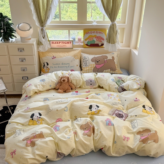 91家纺网 家纺一手货源 找家纺 觅糖家纺 2025新款开学季40支13370全棉纯棉斜纹四件套 皮皮狗-黄