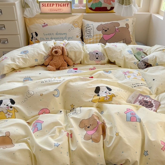 91家纺网 家纺一手货源 找家纺 觅糖家纺 2025新款开学季40支13370全棉纯棉斜纹四件套 皮皮狗-黄