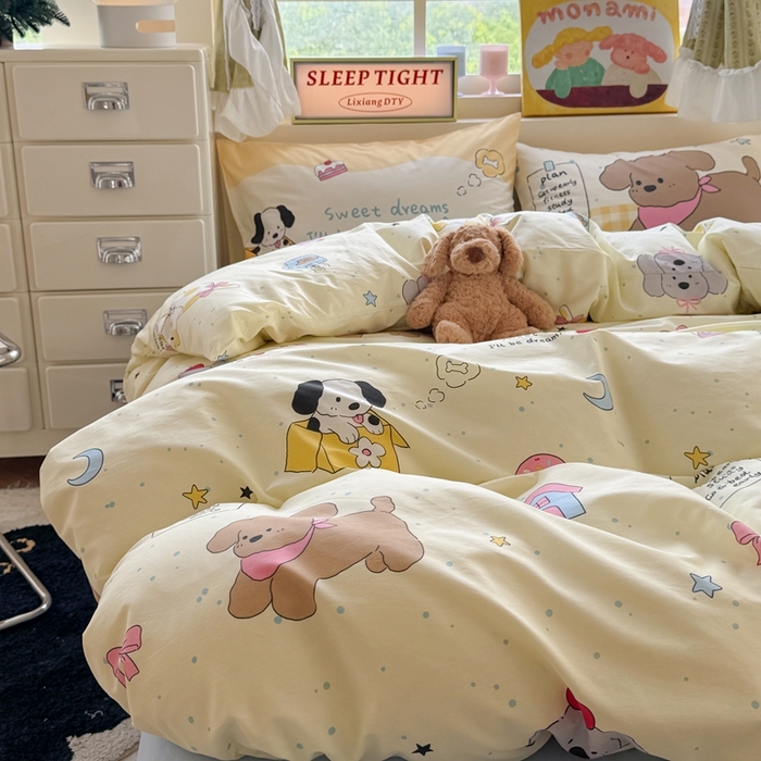 91家纺网 家纺一手货源 找家纺 觅糖家纺 2025新款开学季40支13370全棉纯棉斜纹四件套 皮皮狗-黄