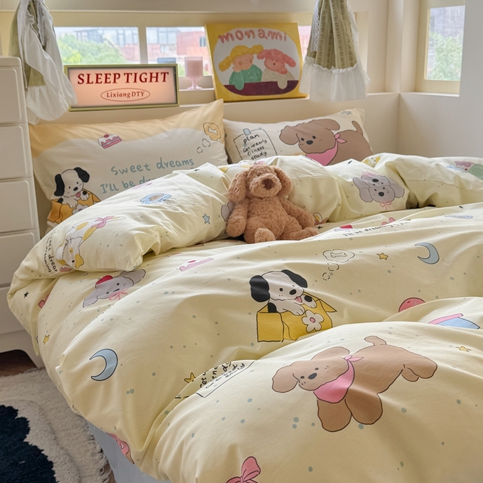 91家纺网 家纺一手货源 找家纺 觅糖家纺 2025新款开学季40支13370全棉纯棉斜纹四件套 皮皮狗-黄