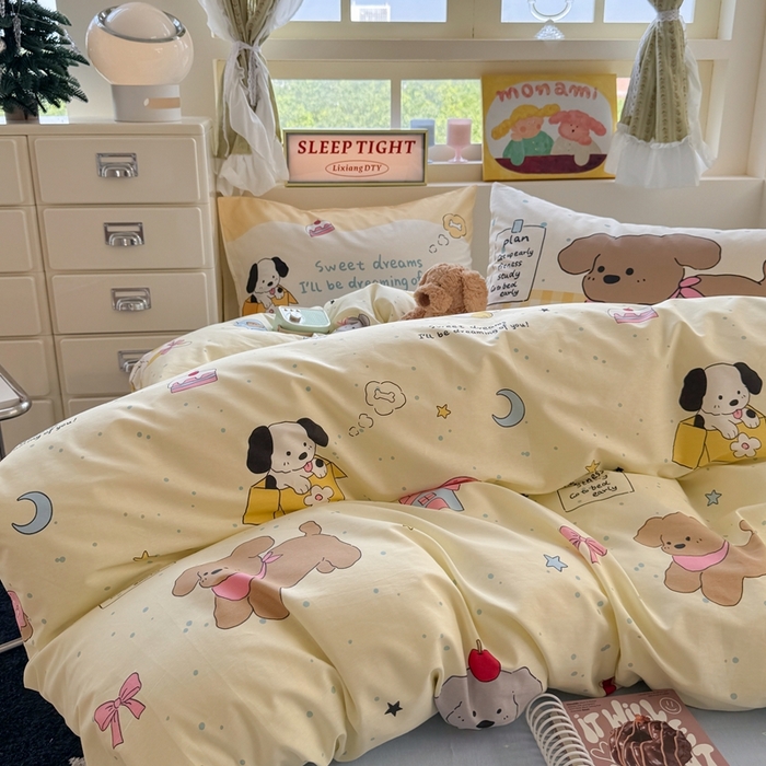 91家纺网 家纺一手货源 找家纺 觅糖家纺 2025新款开学季40支13370全棉纯棉斜纹四件套 皮皮狗-黄