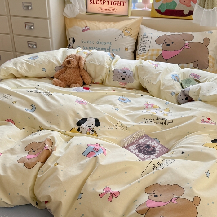 91家纺网 家纺一手货源 找家纺 觅糖家纺 2025新款开学季40支13370全棉纯棉斜纹四件套 皮皮狗-黄