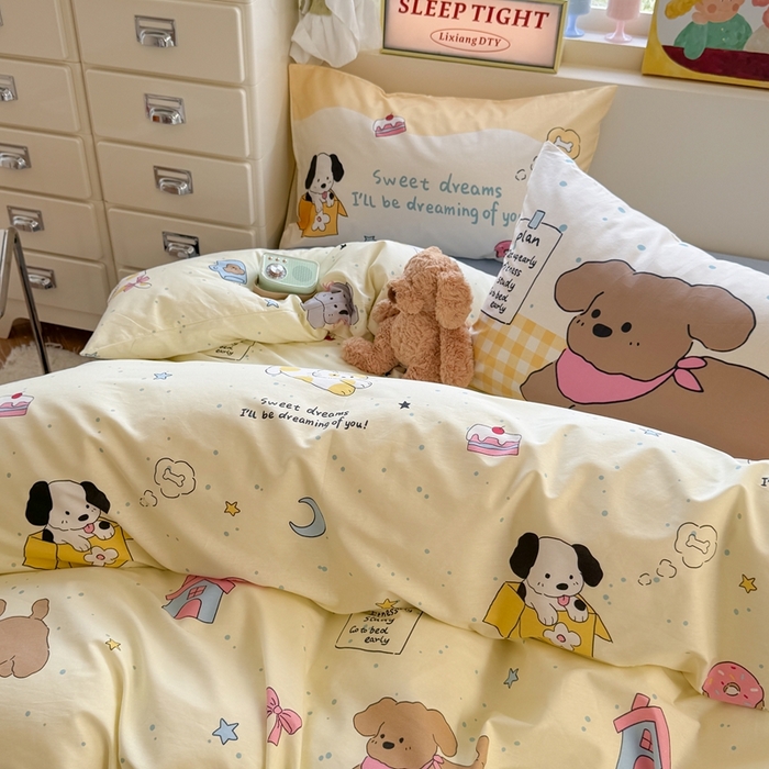 91家纺网 家纺一手货源 找家纺 觅糖家纺 2025新款开学季40支13370全棉纯棉斜纹四件套 皮皮狗-黄