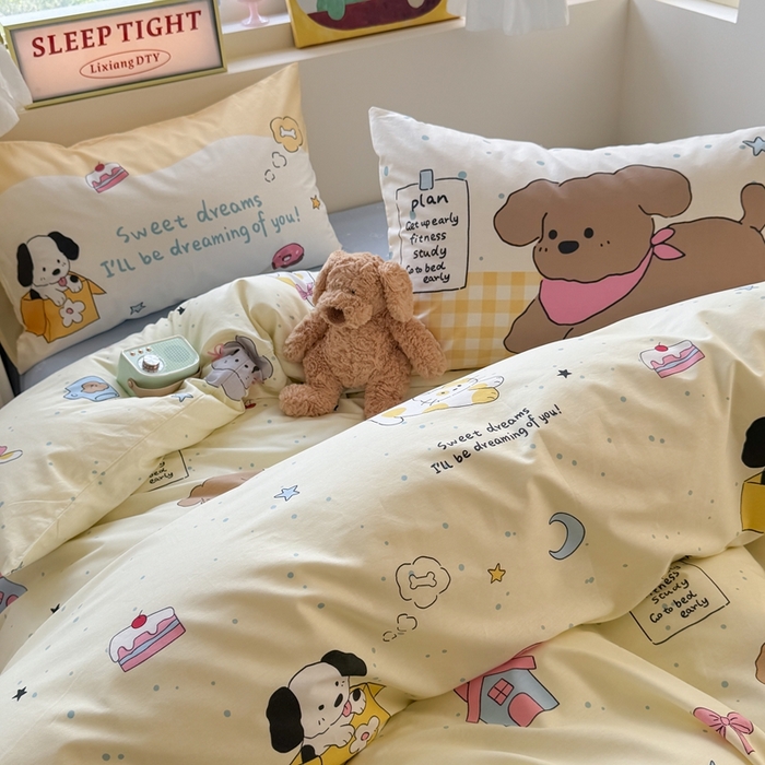 91家纺网 家纺一手货源 找家纺 觅糖家纺 2025新款开学季40支13370全棉纯棉斜纹四件套 皮皮狗-黄