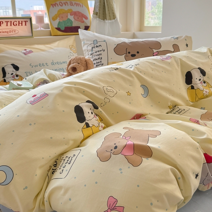 91家纺网 家纺一手货源 找家纺 觅糖家纺 2025新款开学季40支13370全棉纯棉斜纹四件套 皮皮狗-黄