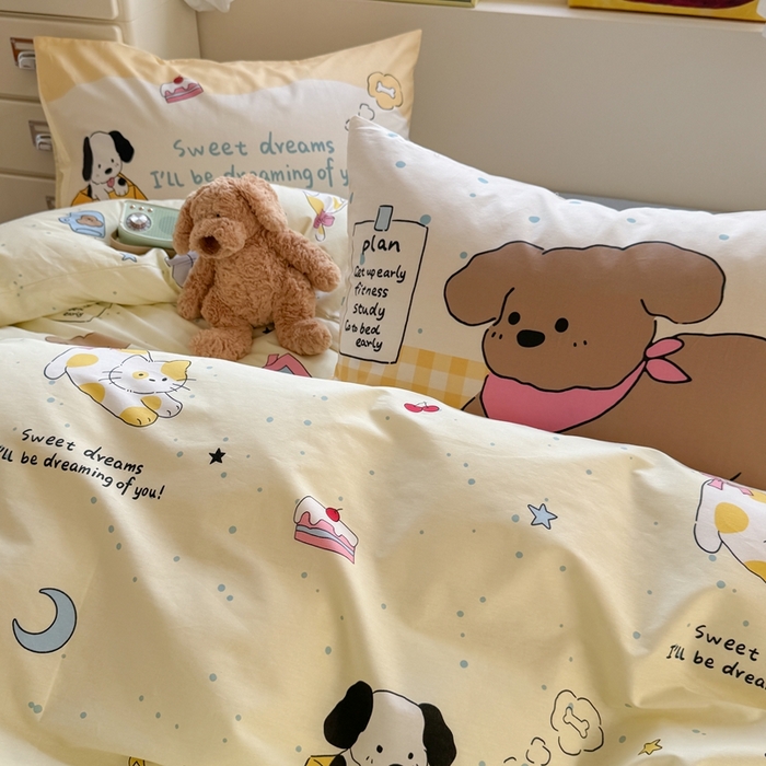 91家纺网 家纺一手货源 找家纺 觅糖家纺 2025新款开学季40支13370全棉纯棉斜纹四件套 皮皮狗-黄