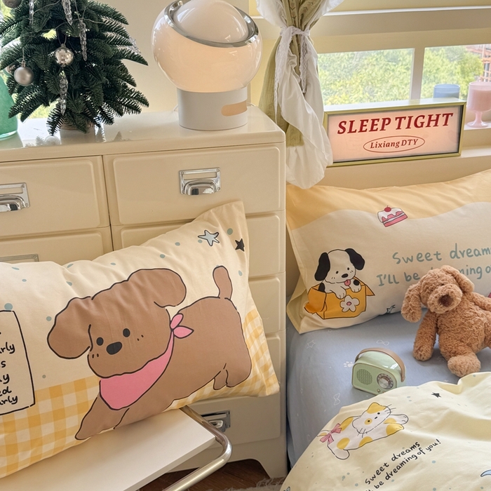 91家纺网 家纺一手货源 找家纺 觅糖家纺 2025新款开学季40支13370全棉纯棉斜纹四件套 皮皮狗-黄