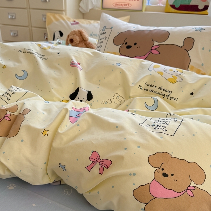 91家纺网 家纺一手货源 找家纺 觅糖家纺 2025新款开学季40支13370全棉纯棉斜纹四件套 皮皮狗-黄