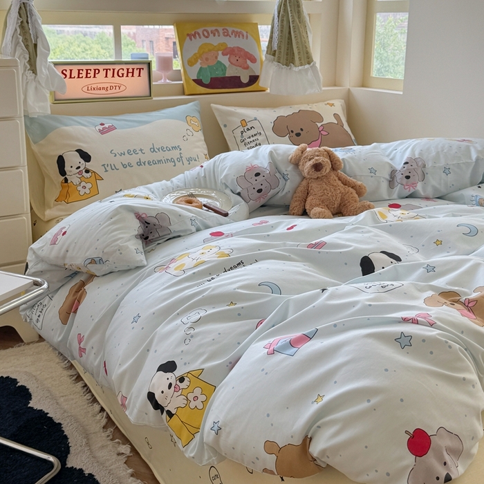 91家纺网 家纺一手货源 找家纺 觅糖家纺 2025新款开学季40支13370全棉纯棉斜纹四件套 皮皮狗-兰