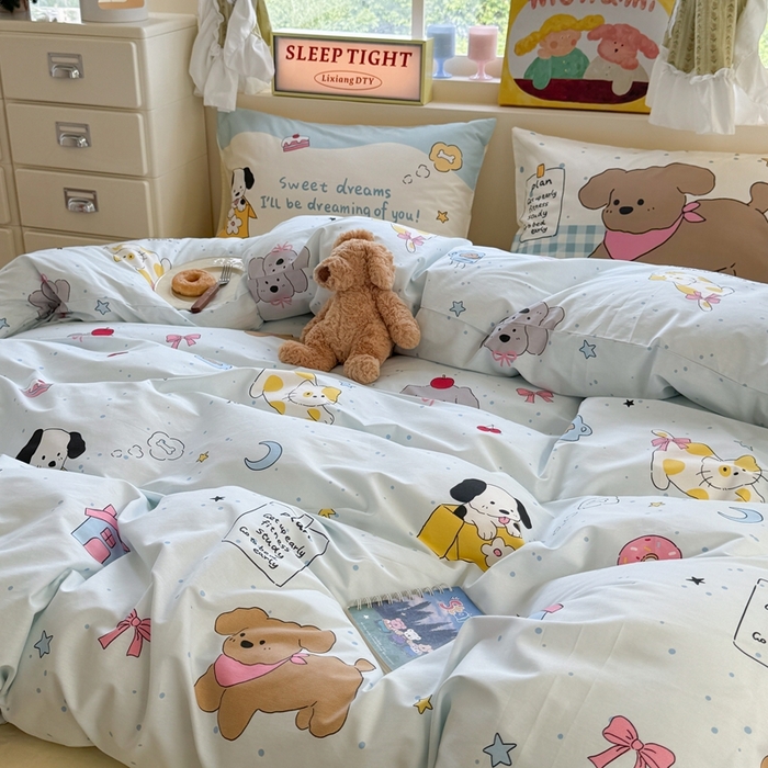 91家纺网 家纺一手货源 找家纺 觅糖家纺 2025新款开学季40支13370全棉纯棉斜纹四件套 皮皮狗-兰